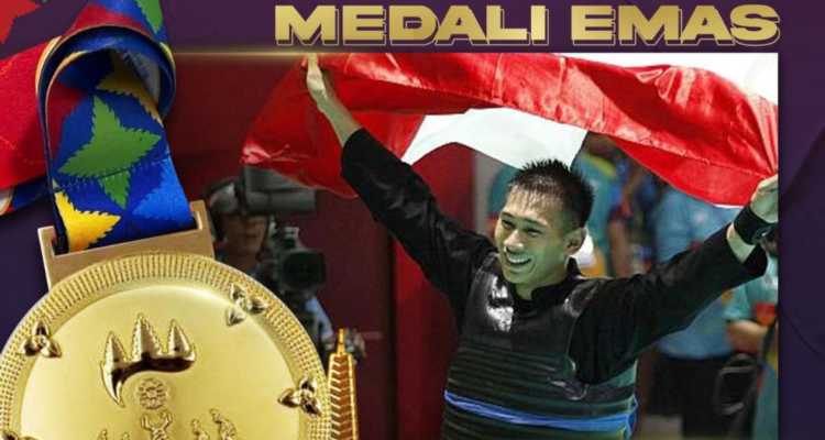 Atlet pencak silat Indonesia, Iqbal Candra Pratama, meraih medali emas SEA Games 2023 di kelas F tanding putra (70-75 kilogram). (Foto: Twitter/@Kemenpora)