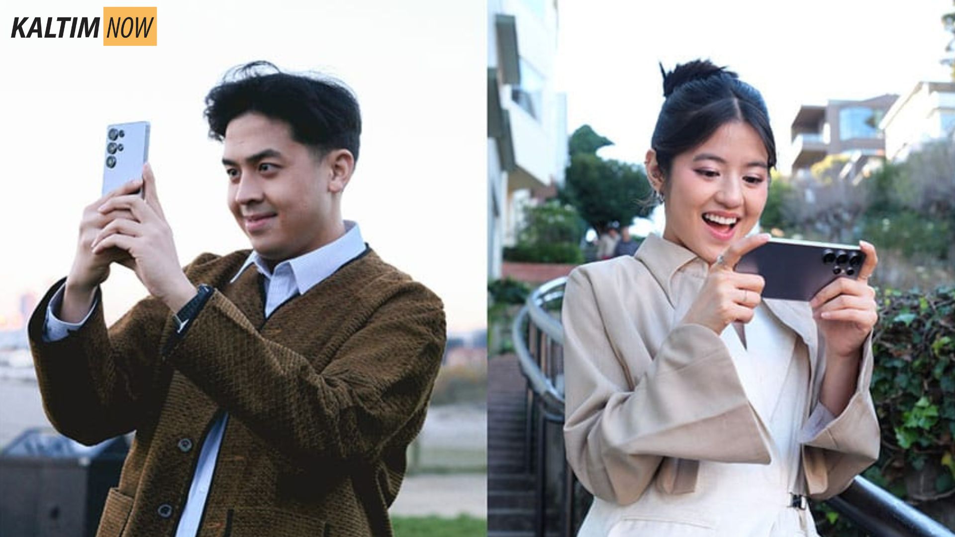 Foto : Jerome Polin dan Vonzy Felicia, saat pertama kali mencoba Samsung Galaxy S25 Series. Sumber : Samsung.