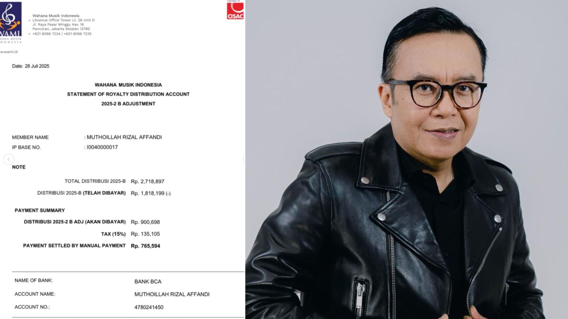 Foto: Surat WAMI atas royalti ke Ari Lasso. Sumber: Ari Lasso.