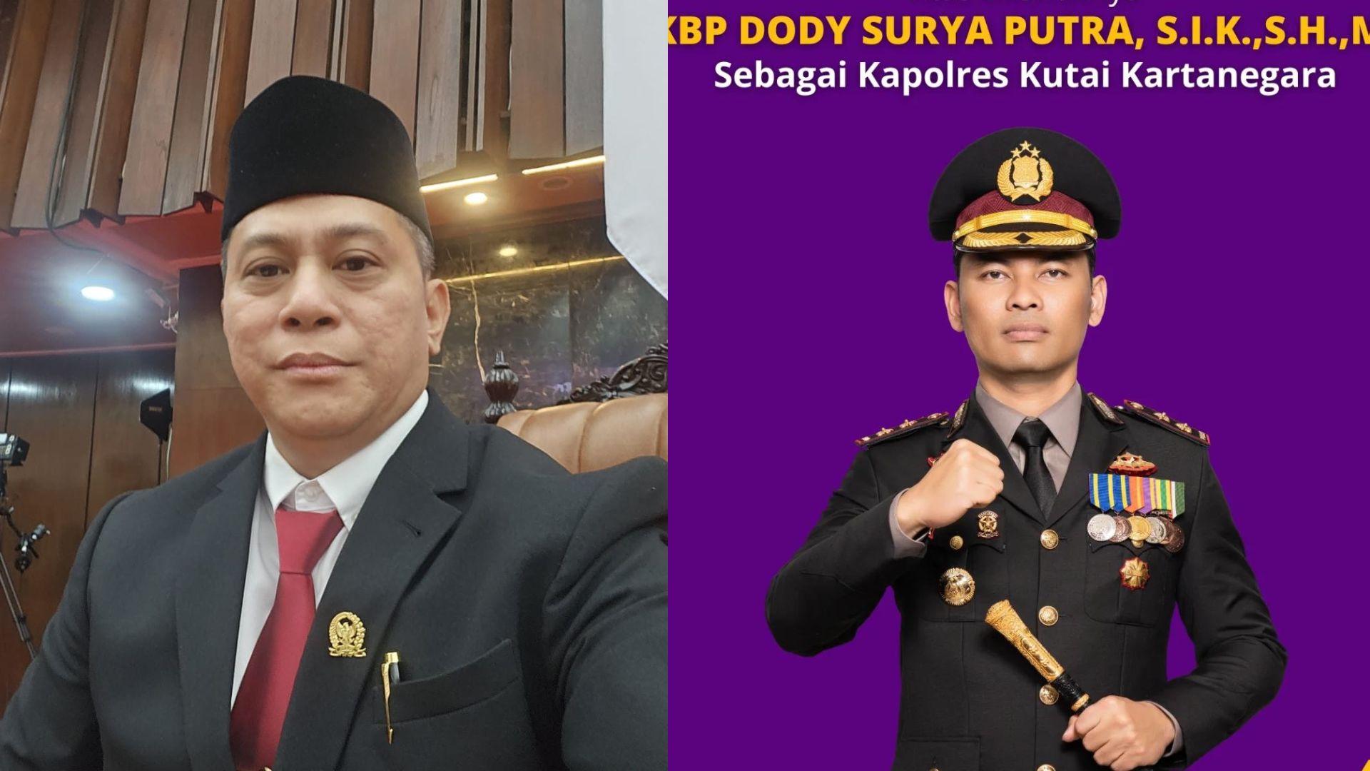Foto: Anggota DPD RI asal Kaltim, Yulianus Henock Sumual (Kiri) dan Kapolres Kukar AKBP Dody Surya Putra. Sumber: Kaltimnow.id