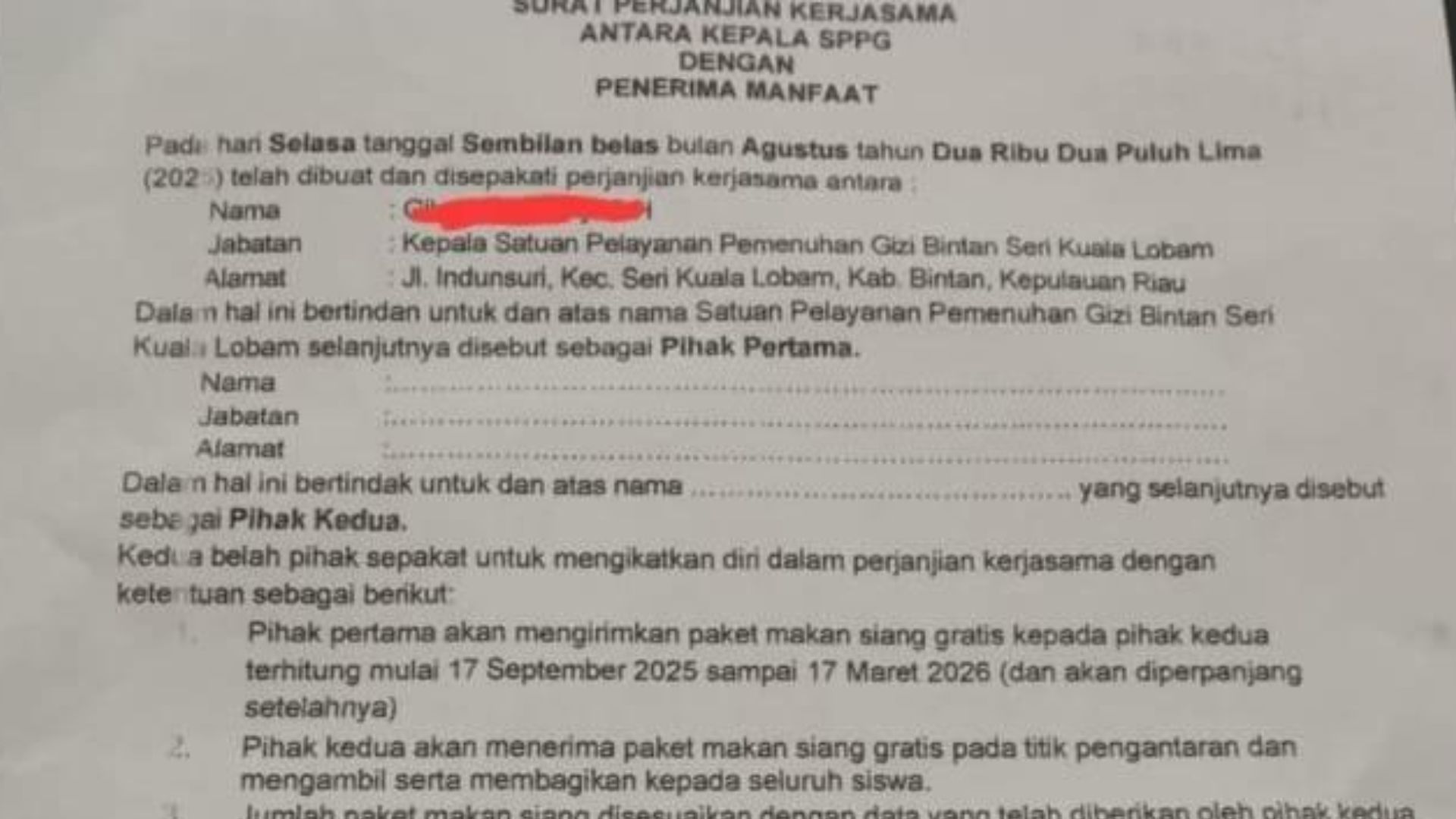 Foto: Surat Perjanjian SPPG dengan sekolah di Bintan Kepulauan Riau. Sumber: Istimewa.