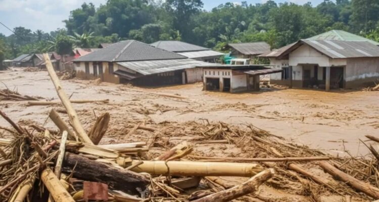 Foto: Ribuan kayu gelondongan terseret arus banjir bandang di Kota Padang, Sumbar. Sumber: Istimewa.
