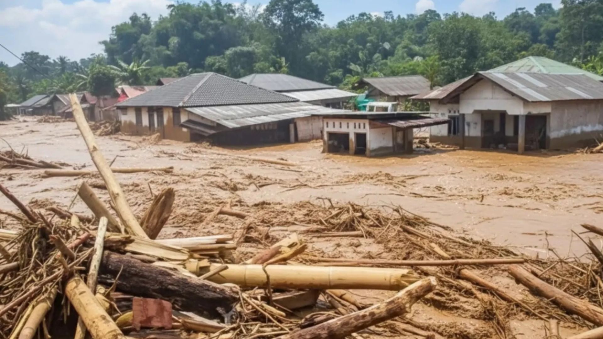 Foto: Ribuan kayu gelondongan terseret arus banjir bandang di Kota Padang, Sumbar. Sumber: Istimewa.